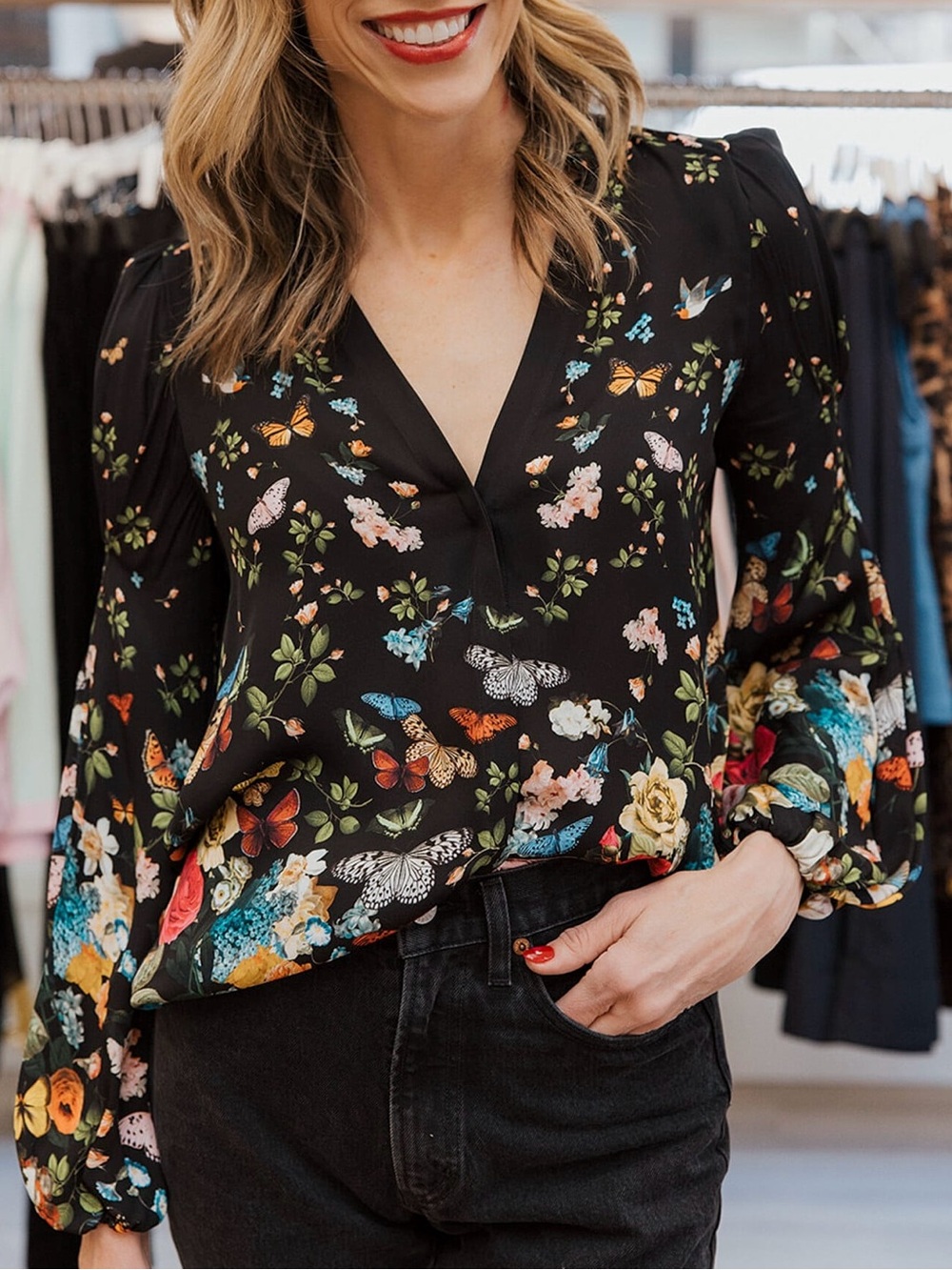 ALICE + OLIVIA Helen Blouson Sleeve Blouse